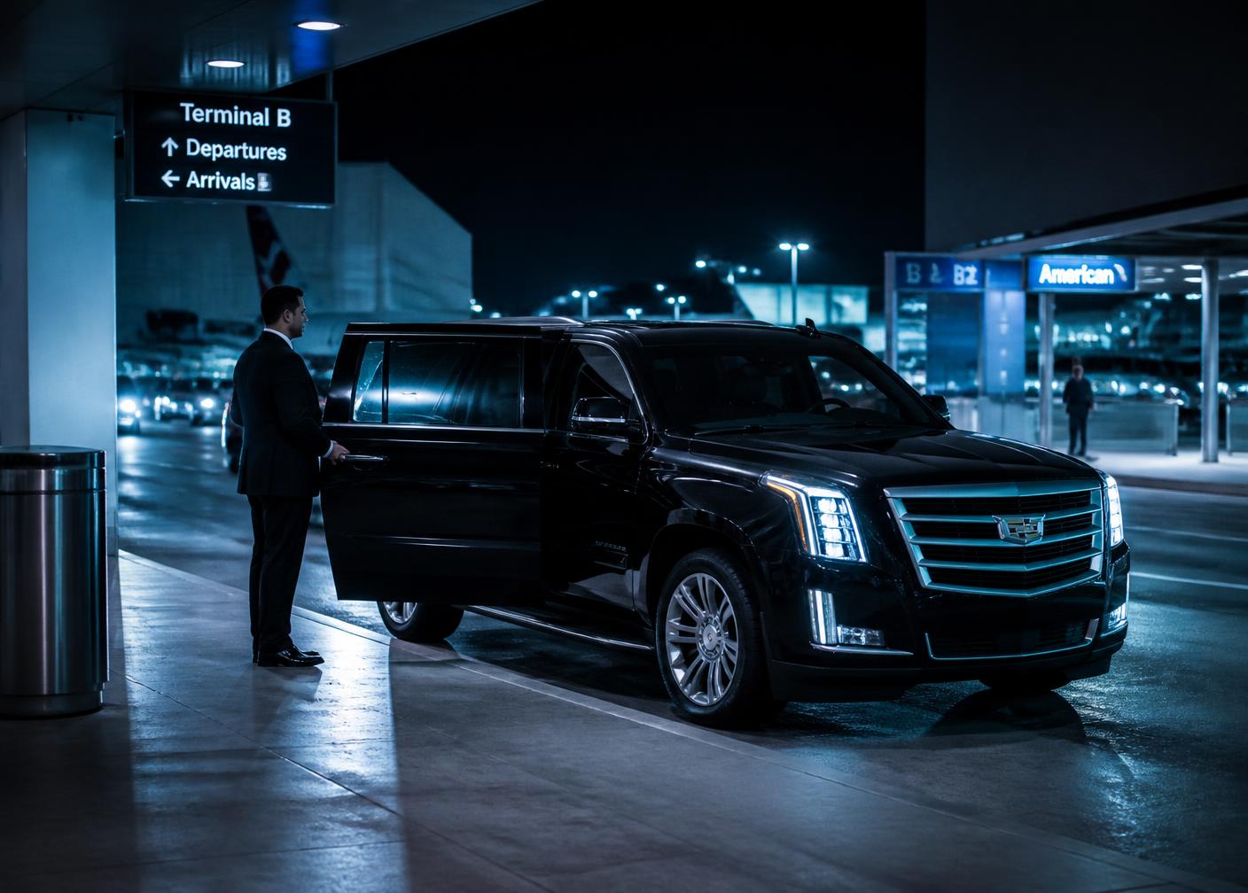 Chauffeur opening the door of a black SUV at an airport terminal