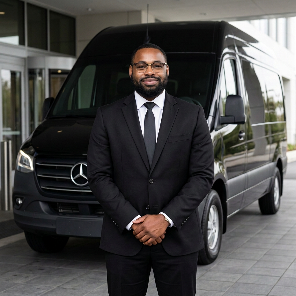Anton Williams, owner of The Wheeliams LLC, in a black suit standing in front of a Mercedes-Benz Sprinter van